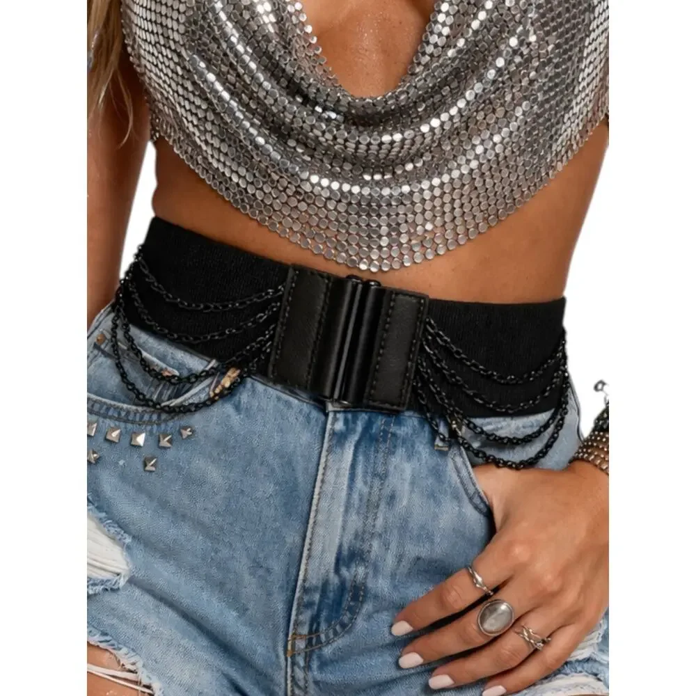 Vintage Y2K Black Leather Layered Chain Belt Festival Statement Edgy Accessory